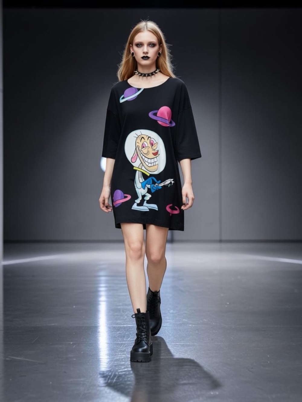 Jeremy Scott Black Ren & Stimpy Fall/Winter 2016 Dress-IT 42 Medium ( US 6-8)